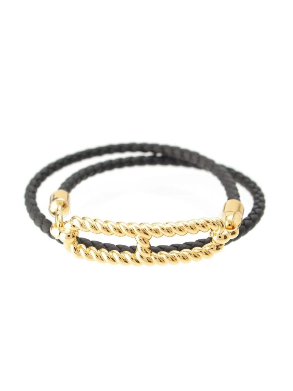 Hermes Roulis Godronne Double Tour Leather Bracelet Gold Black